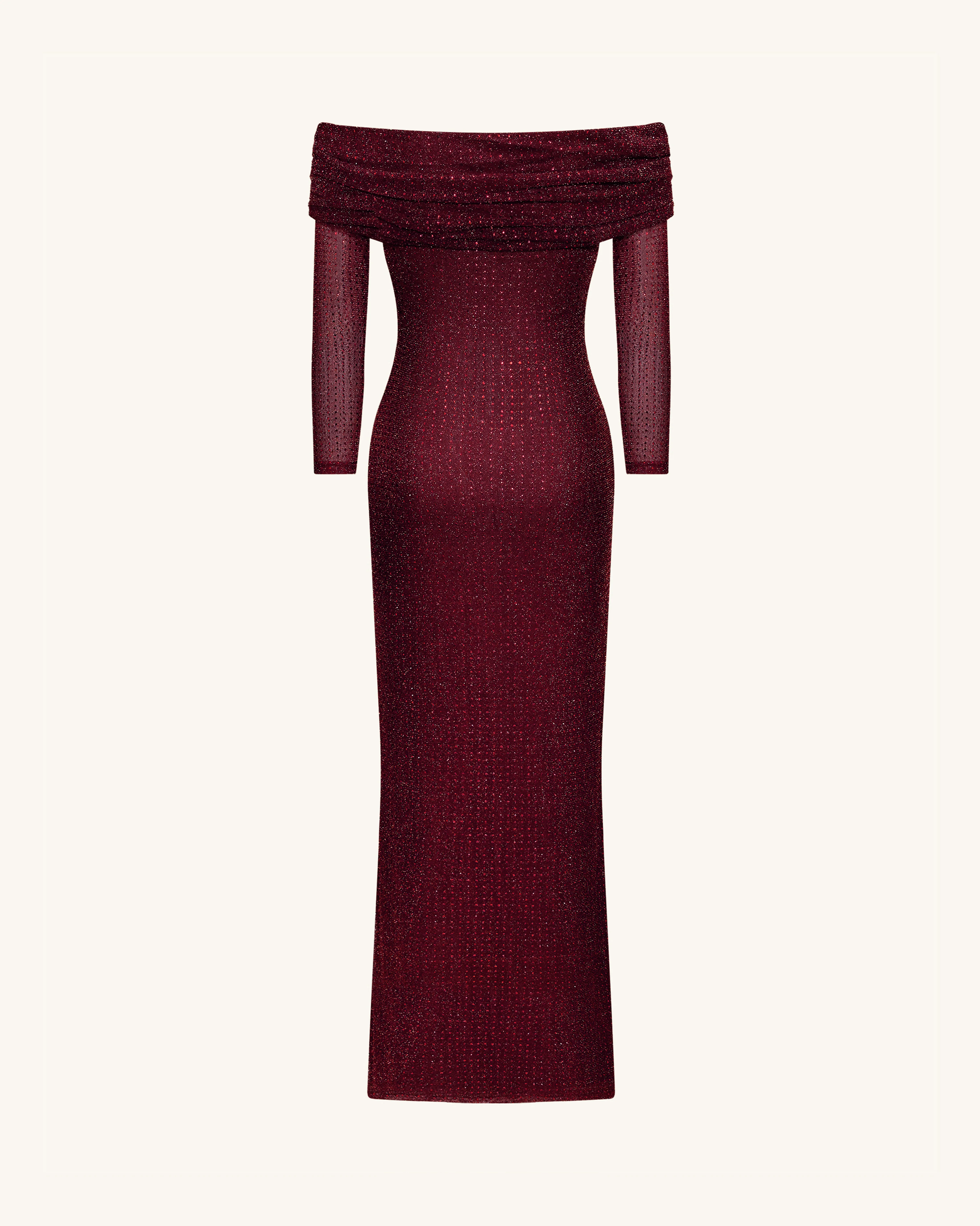 Strass-Netz-Off-Shoulder Maxikleid - Weinrot - Image 4