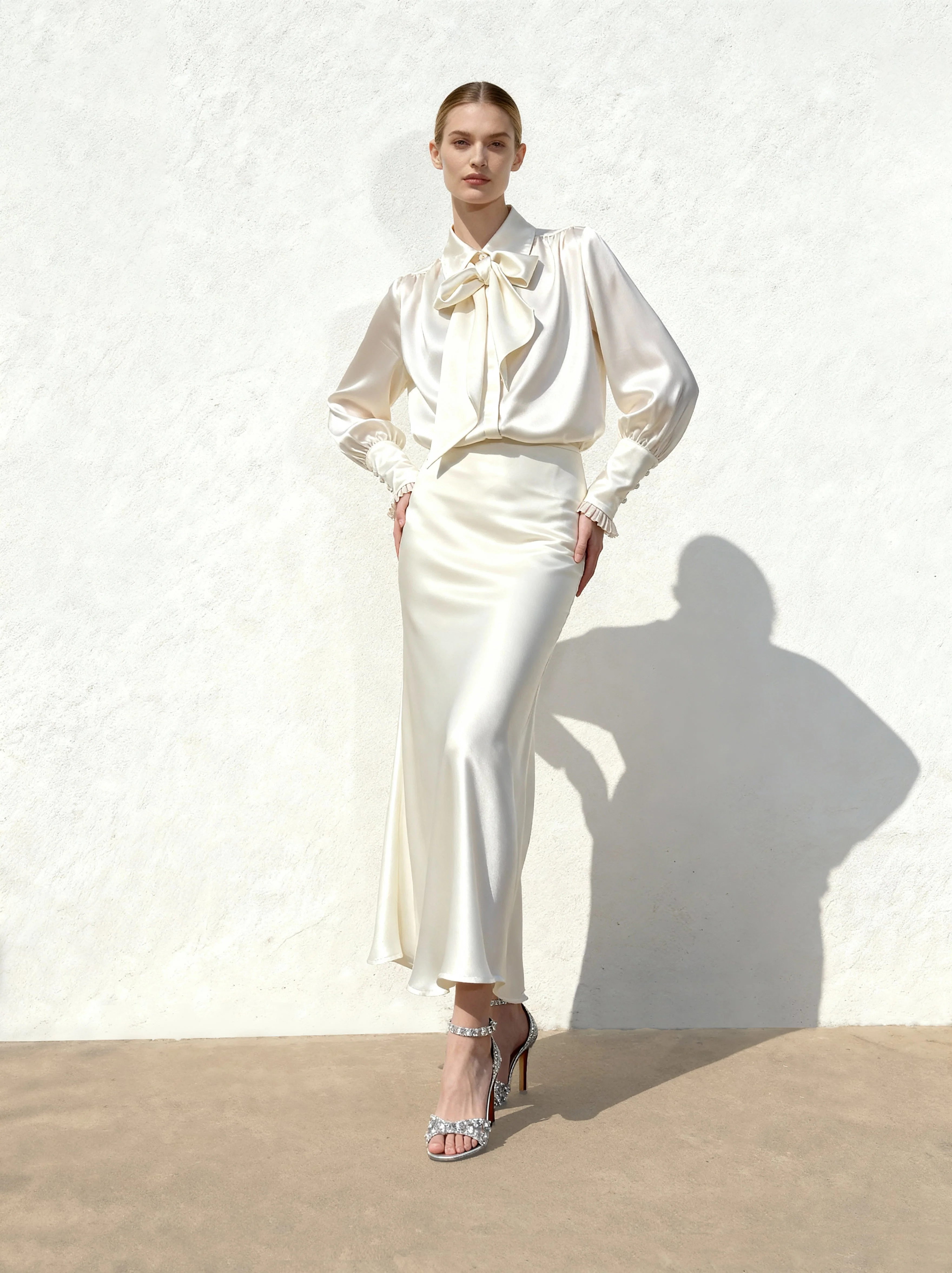 Bluse mit Bindeband und Ballonärmeln – Weiß - Image 3