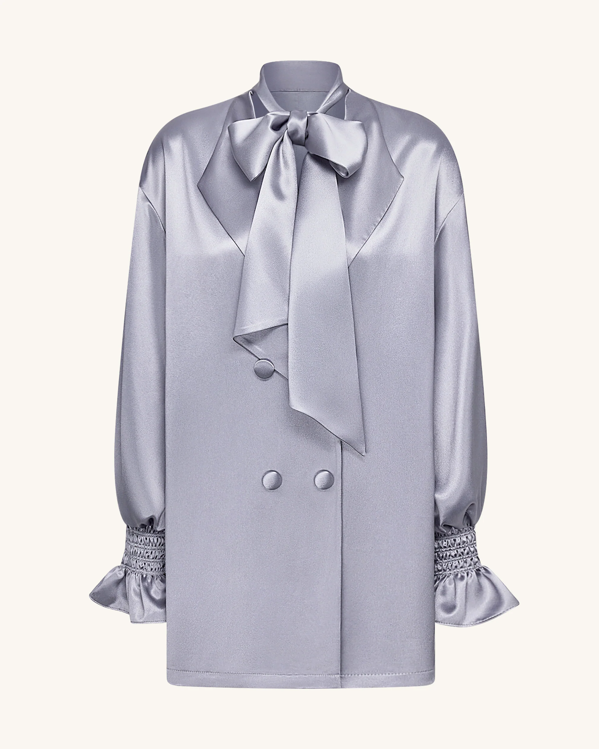 Langer Blazer mit Bindeband und Ballonärmeln – Silber - Image 2