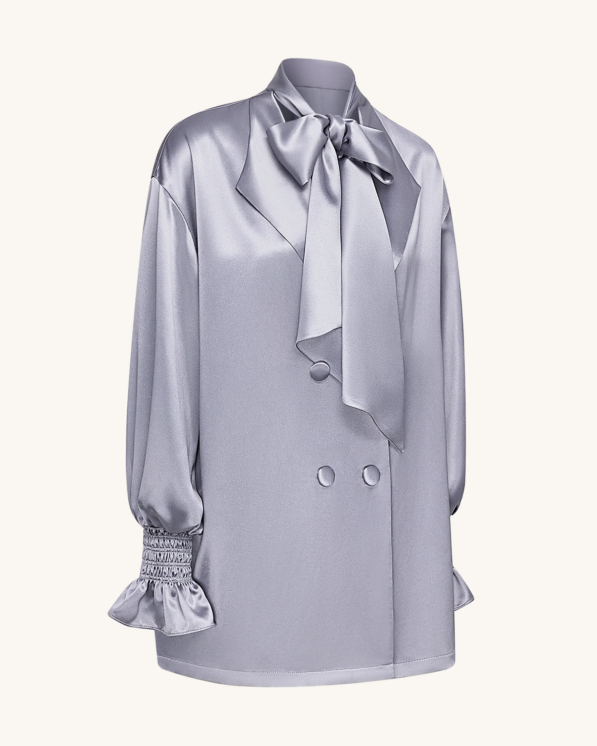 Langer Blazer mit Bindeband und Ballonärmeln – Silber - Image 3
