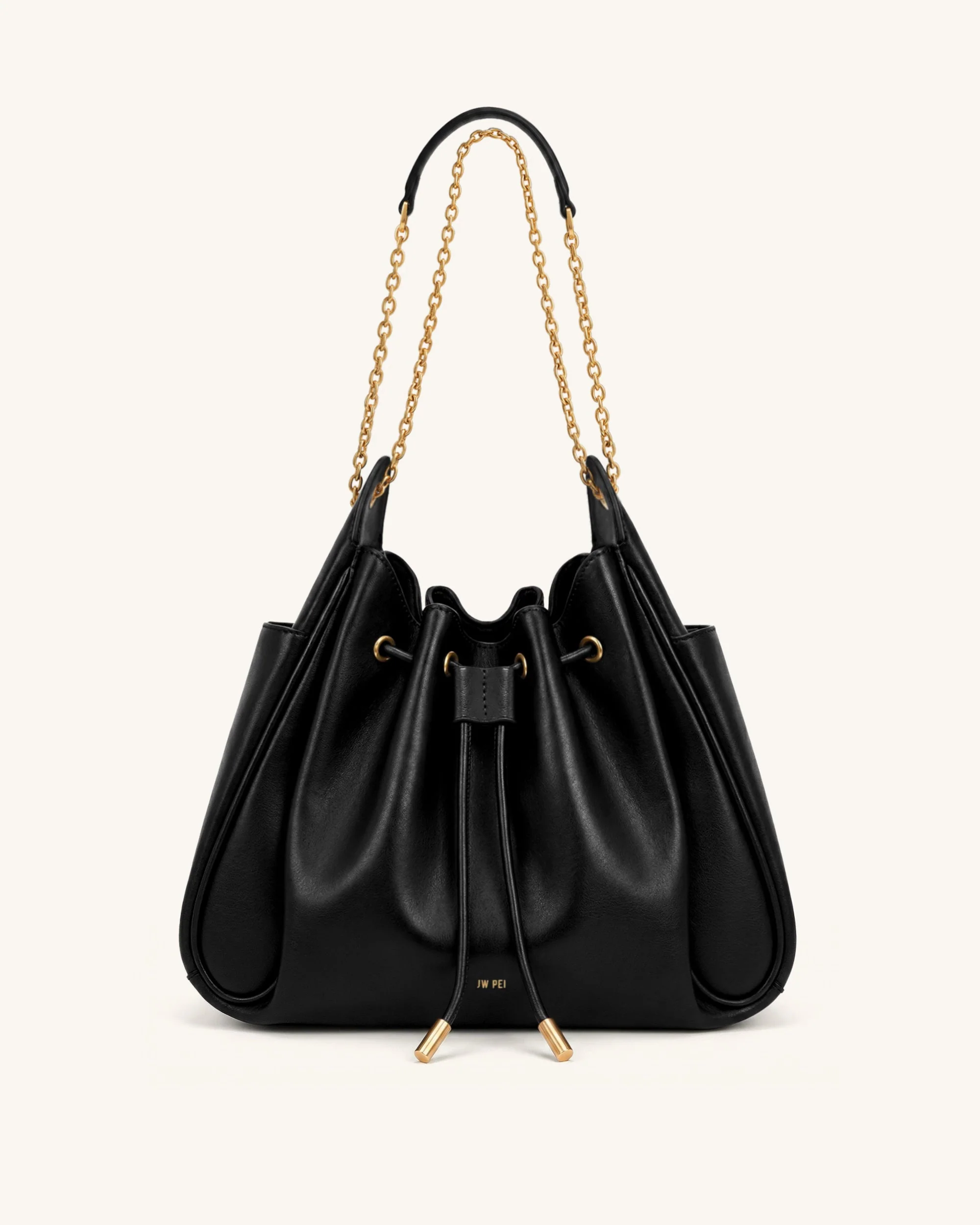 Rowan Geraffte Beuteltasche mit Kordelzug und Kette - Schwarz