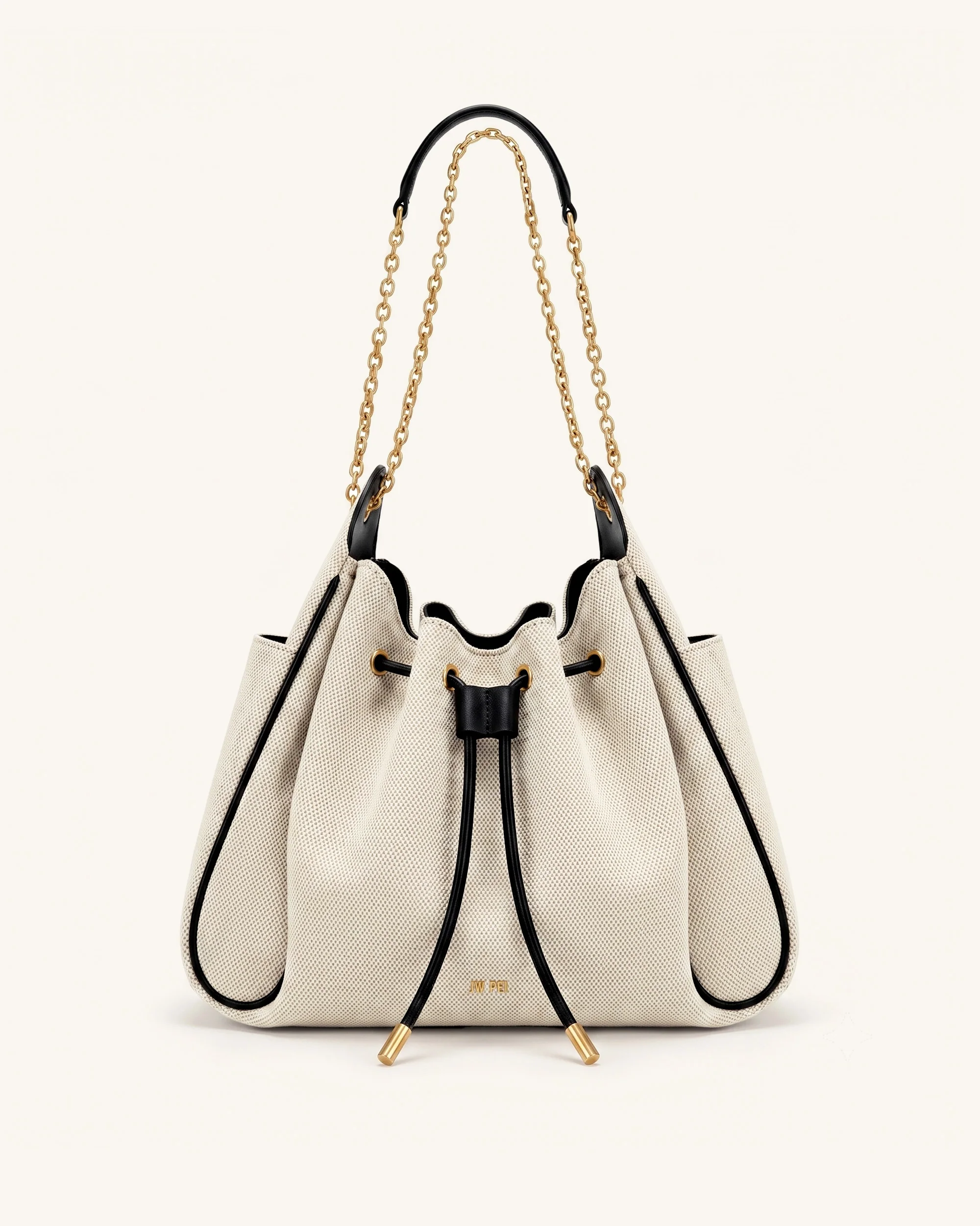 Rowan Raff-Beuteltasche mit Kordelzug und Kette - Schwarzes Canvas