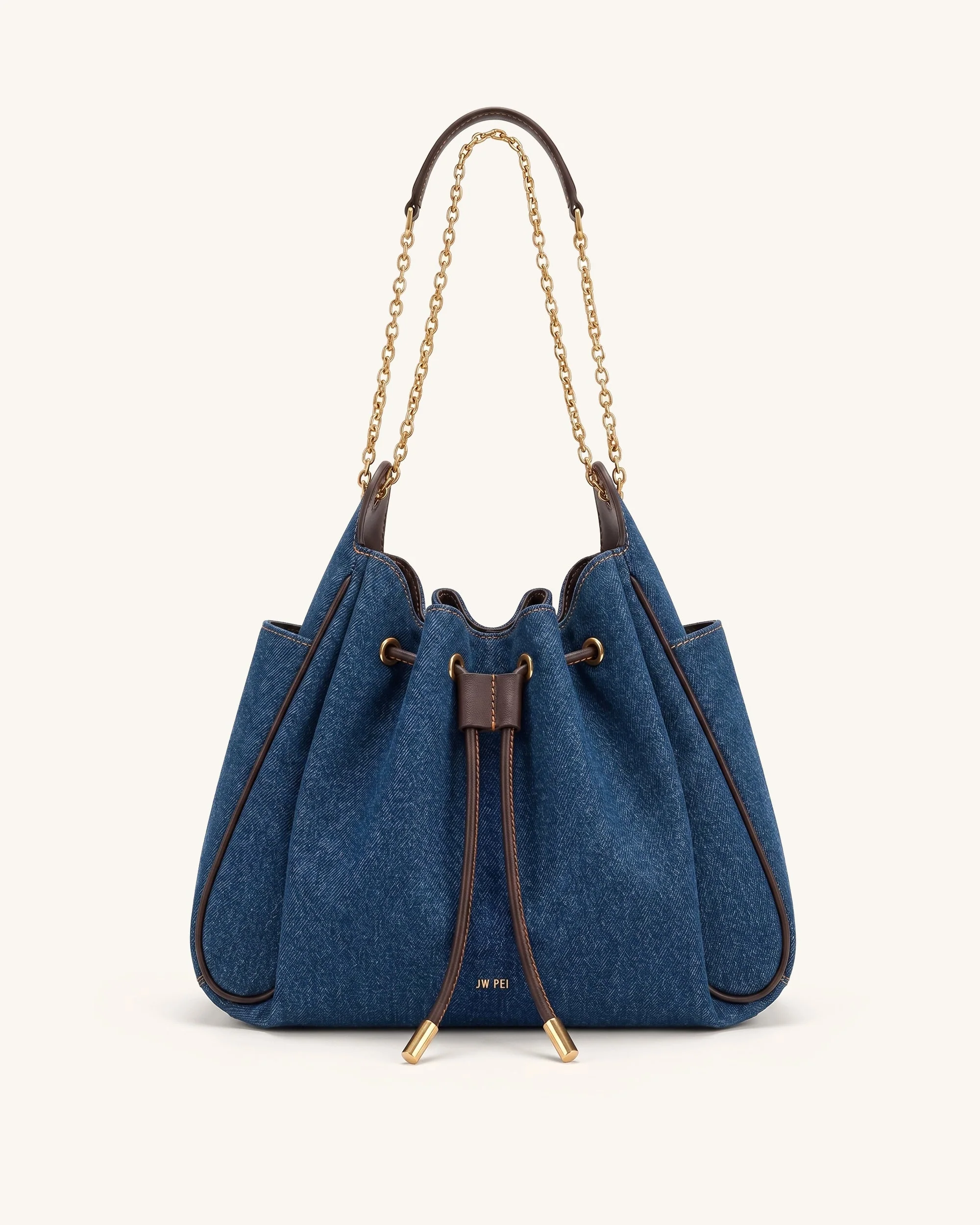 Rowan Geraffte Beuteltasche mit Kordelzug und Kette - Dunkelblaues Denim