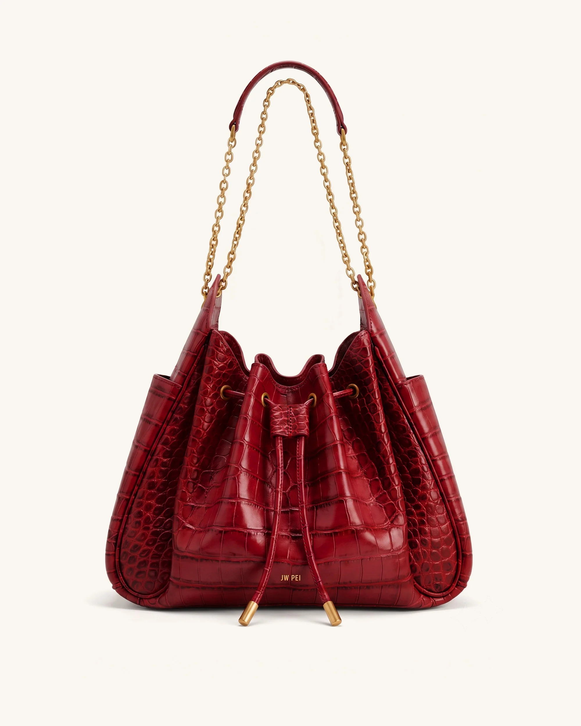 Rowan Raffierte Kordelzug-Ketten-Bucket-Bag - Dunkelrot Krokodilloptik