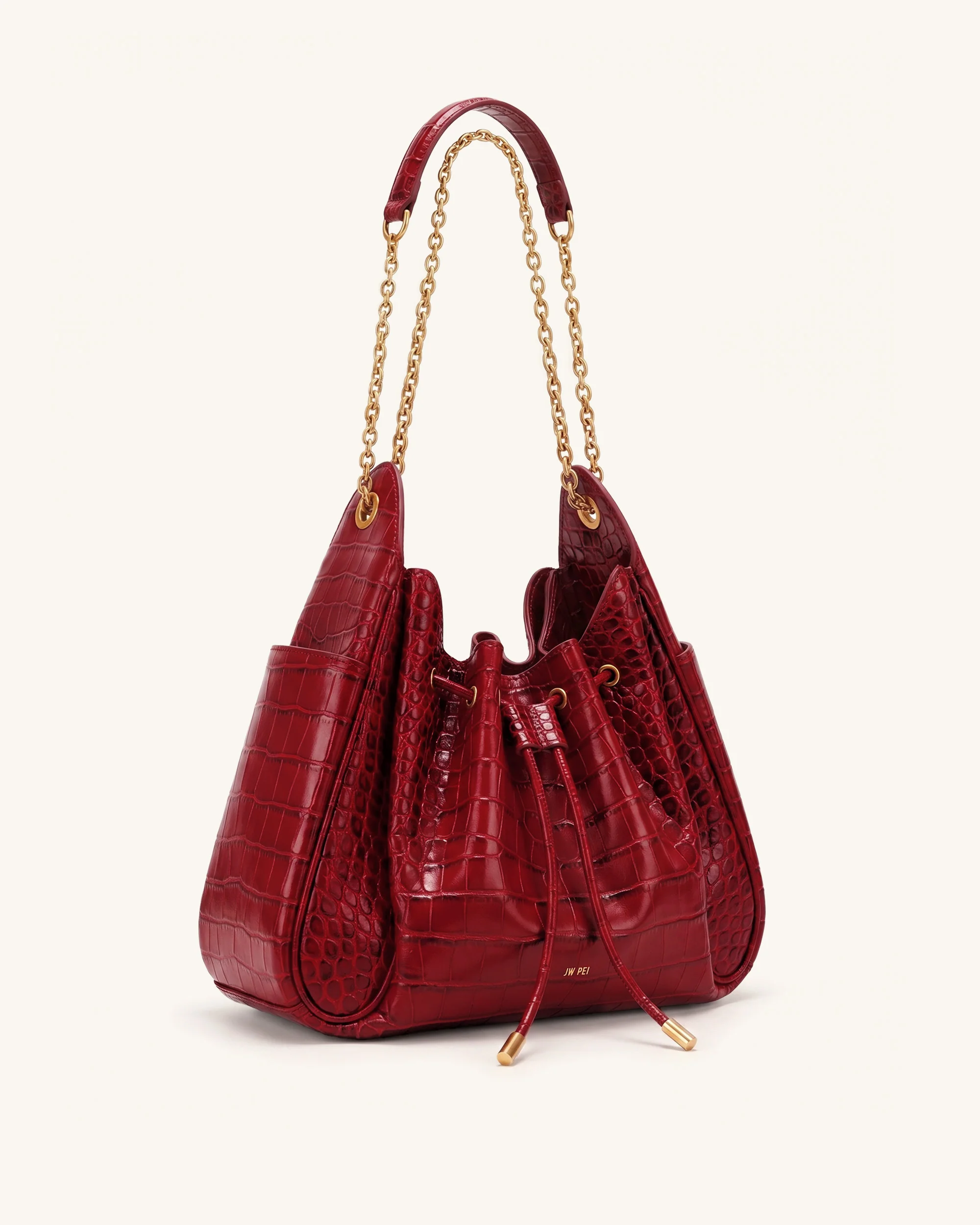 Rowan Raffierte Kordelzug-Ketten-Bucket-Bag - Dunkelrot Krokodilloptik - Image 2