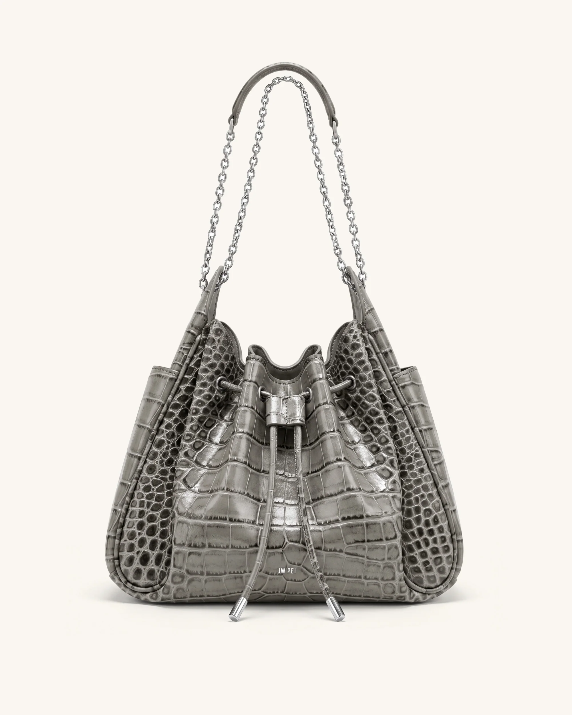 Rowan Raffierte Kordelzug-Ketten-Bucket-Bag - Grau Krokodilloptik