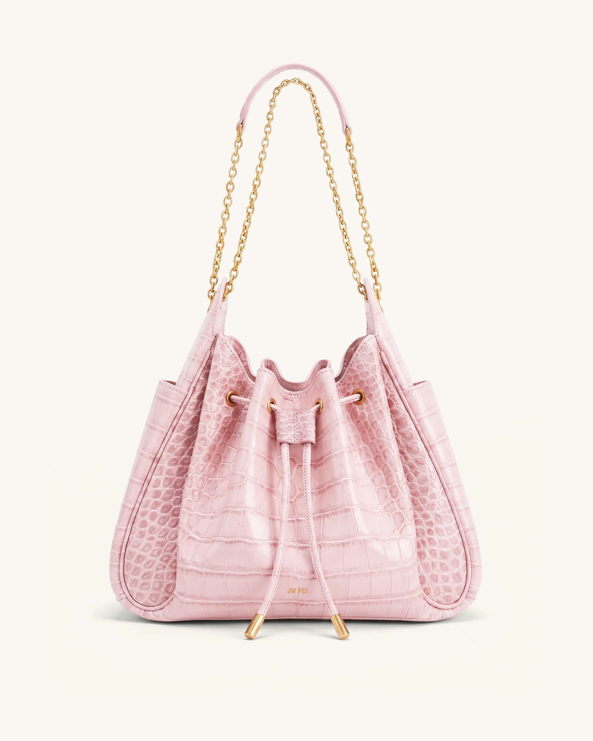 Rowan Raffierte Kordelzug-Ketten-Bucket-Bag - Pink Krokodilloptik