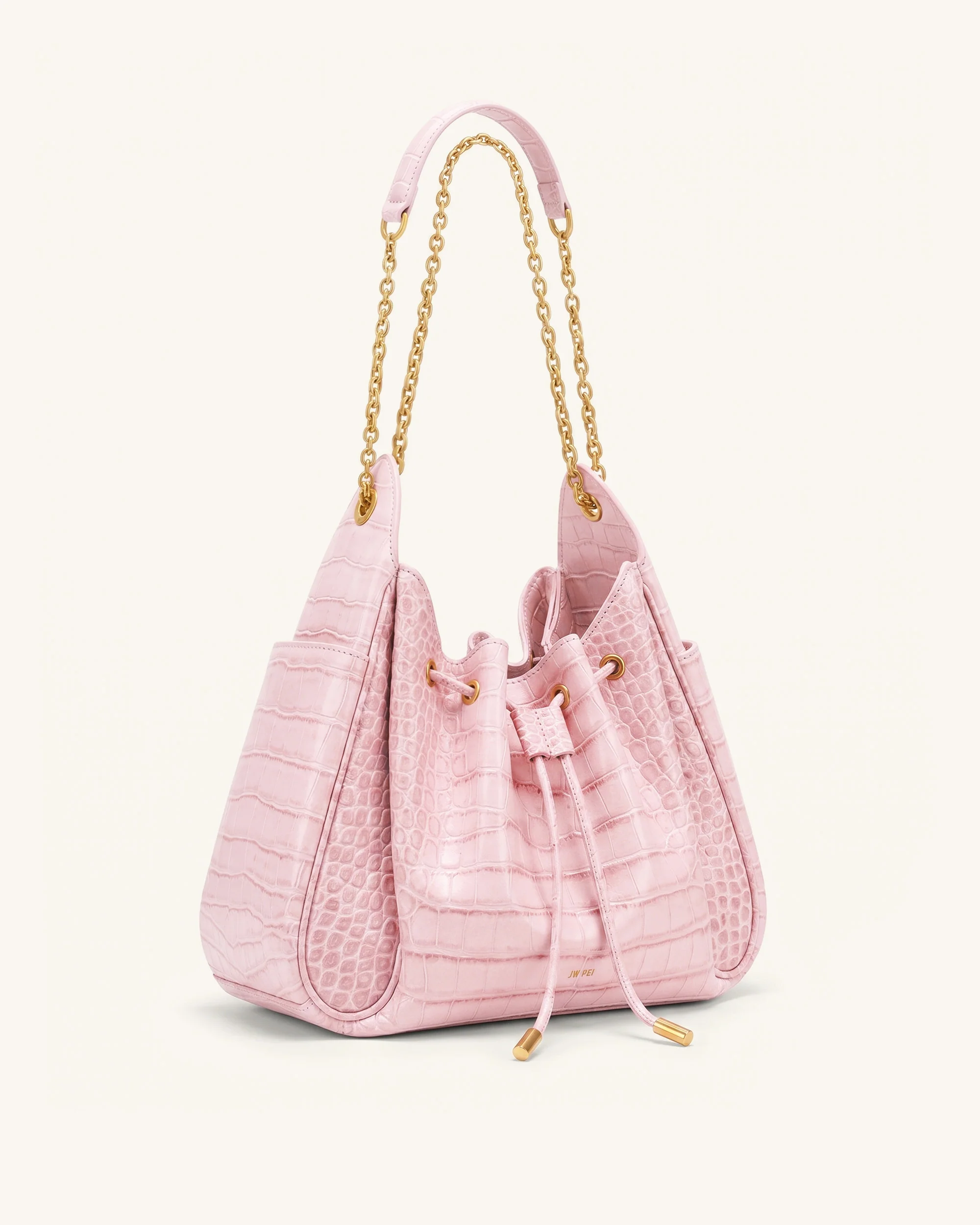 Rowan Raffierte Kordelzug-Ketten-Bucket-Bag - Pink Krokodilloptik - Image 2