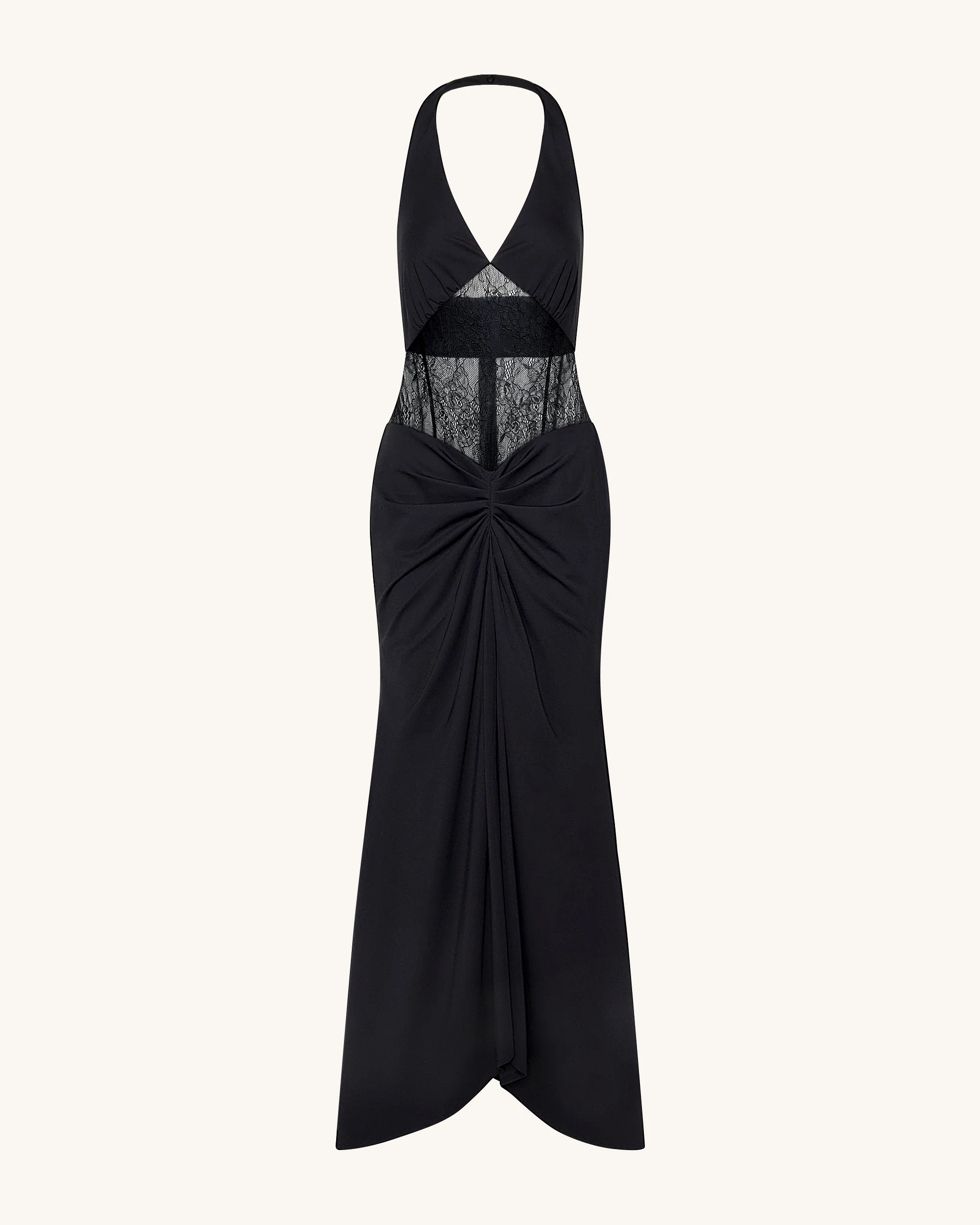 Gerafftes Maxikleid mit Spitzeneinsatz - Schwarz - Image 3