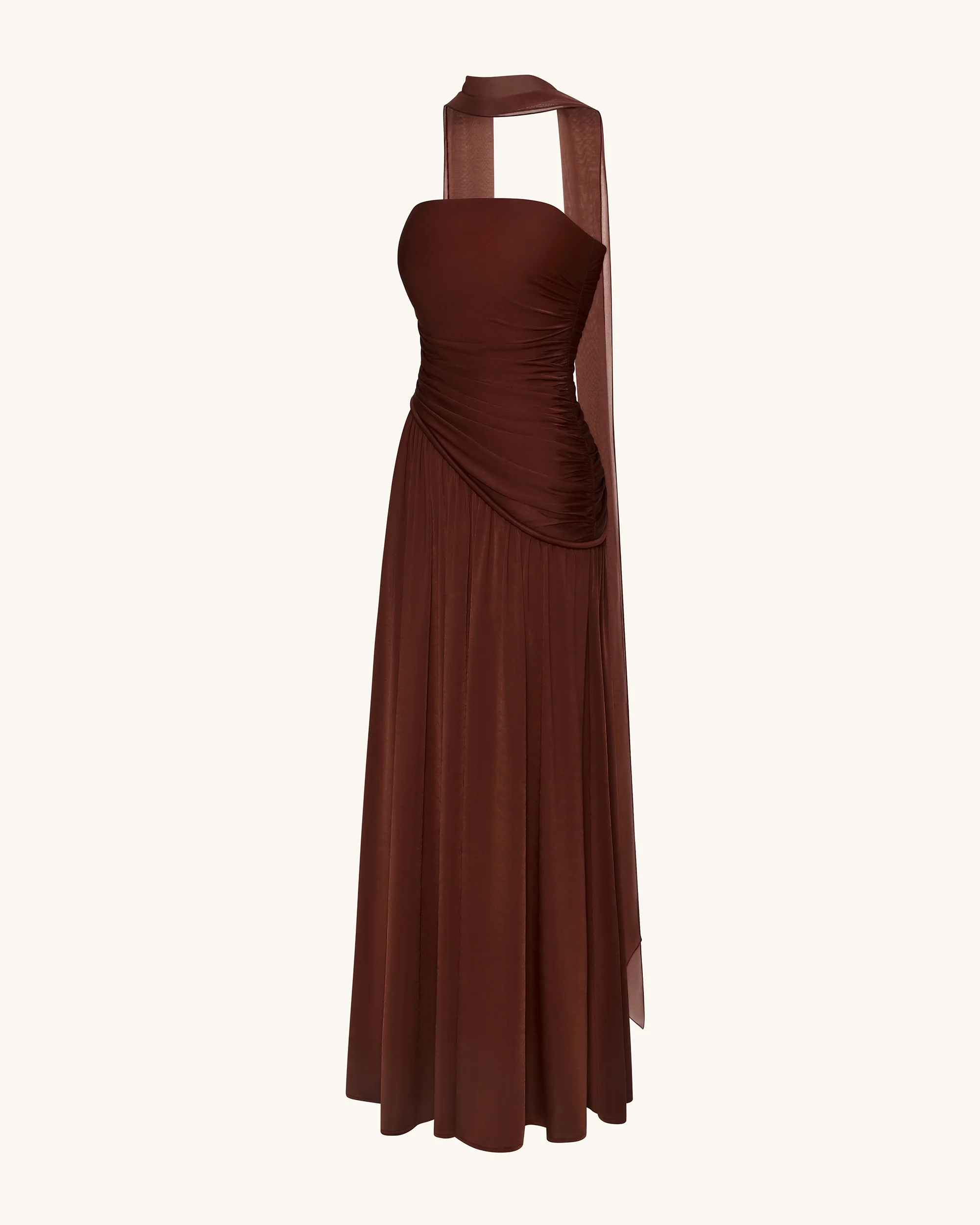 Maxikleid ohne Träger mit Raffung - Braun - Image 5