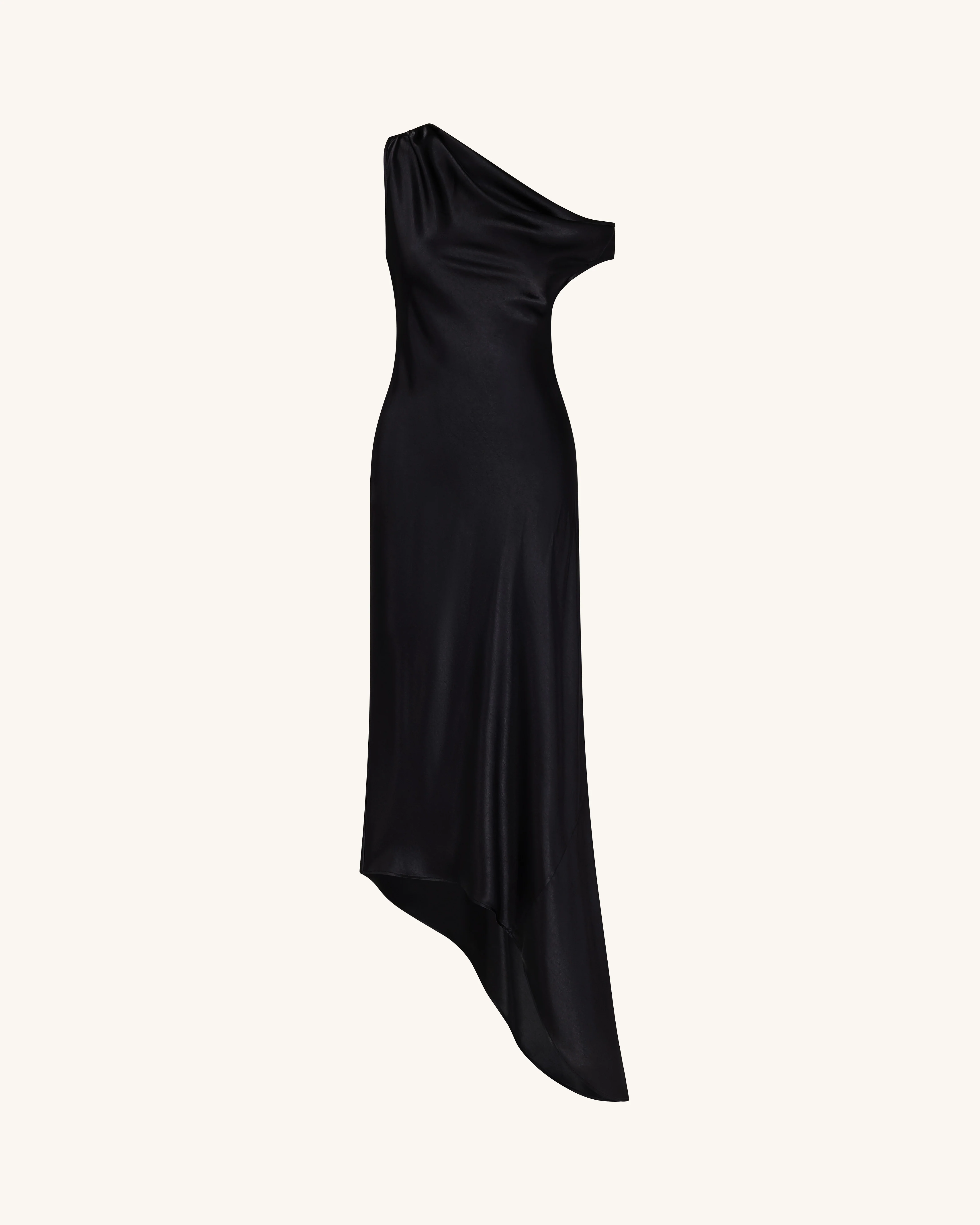 Satiniertes, drapiertes asymmetrisches One-Shoulder-Kleid - Schwarz - Image 3