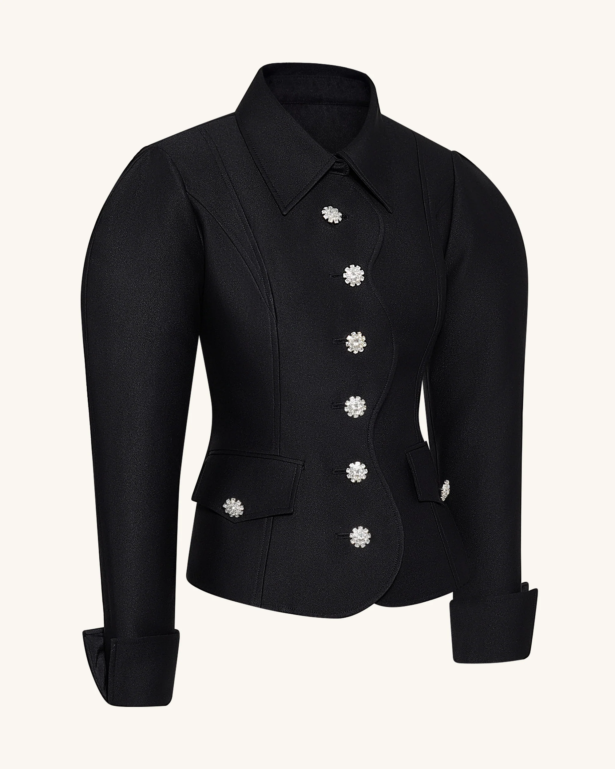 Keulenärmel-Blazer mit wellenförmiger Knopfleiste - Schwarz - Image 3