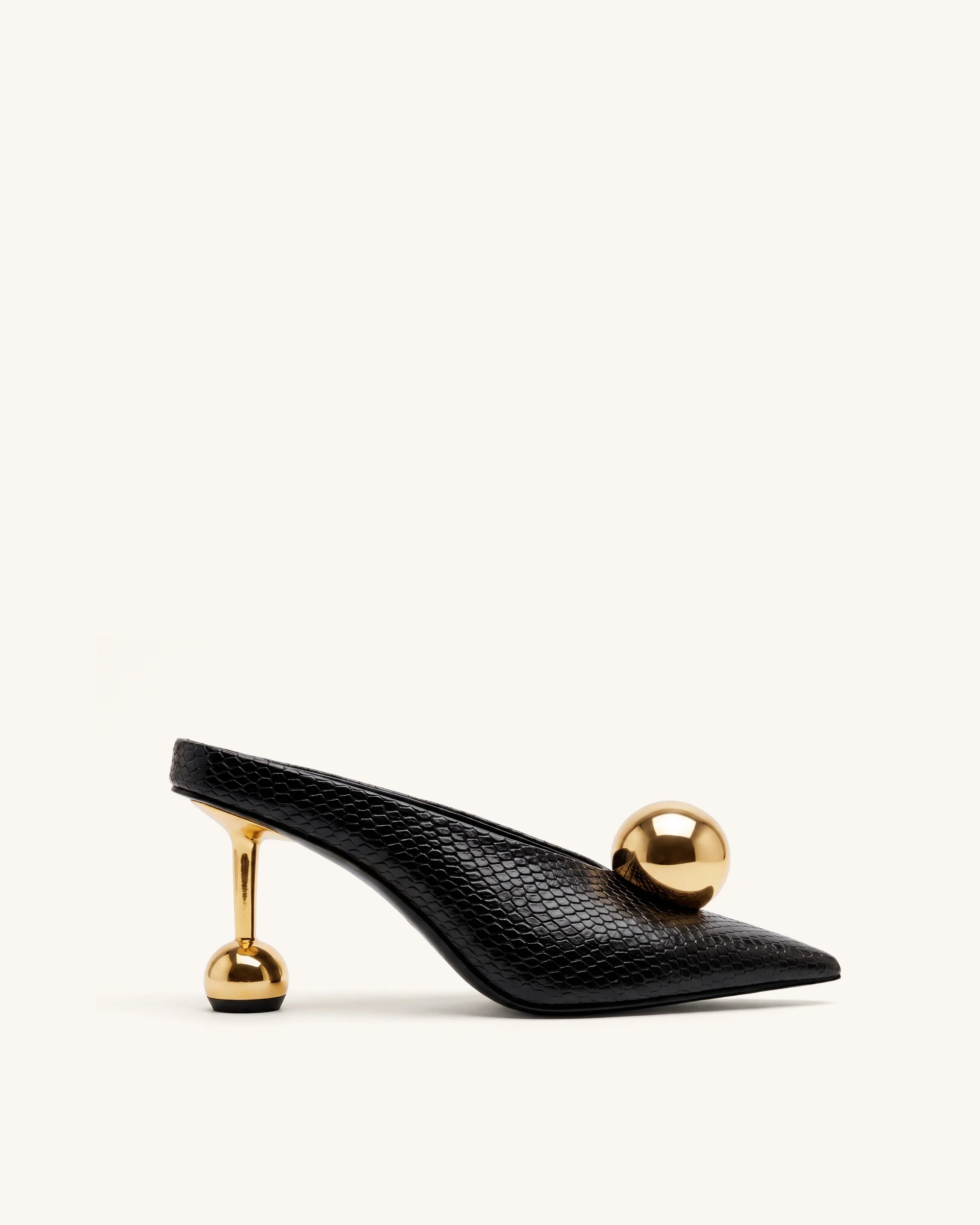 Sofia Mules mit Absatz und schrägem Rist in Schlangenleder-Optik – Schwarz
