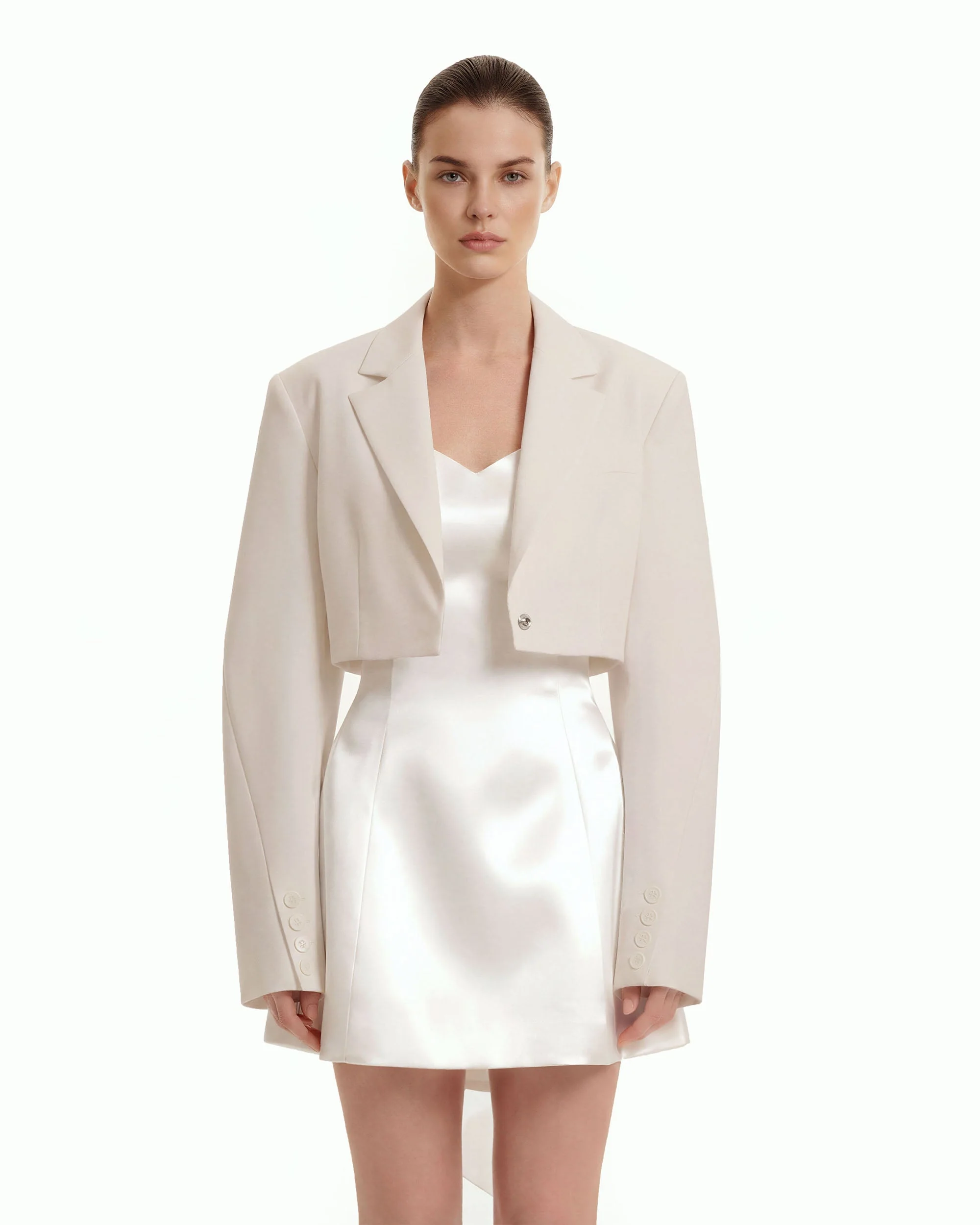 Strukturierter Blazer mit Power-Schultern und Cropped-Schnitt - Beige