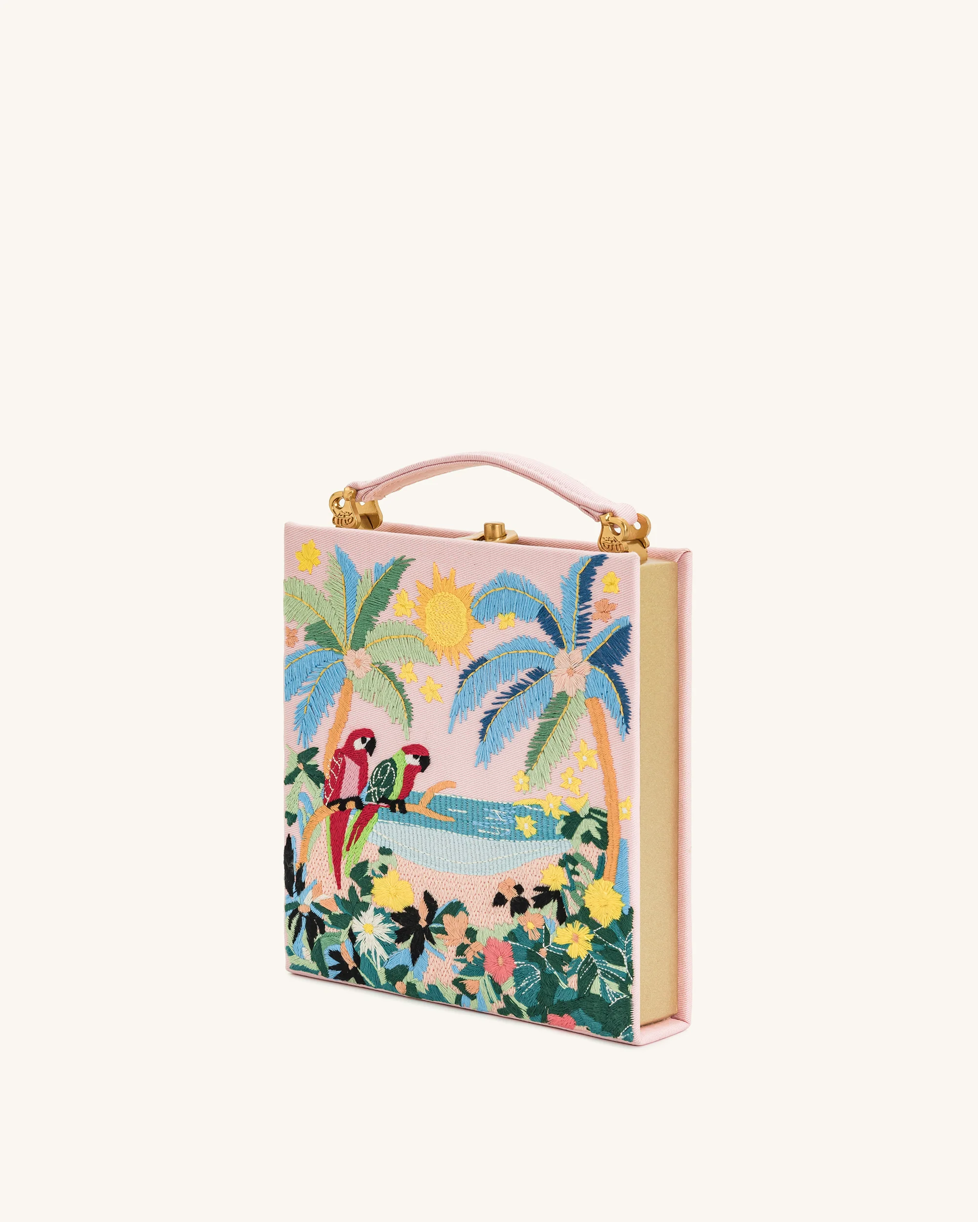 Taya Clutch-Tasche in Buchform mit tropischem Papageienmuster – Rosa - Image 2