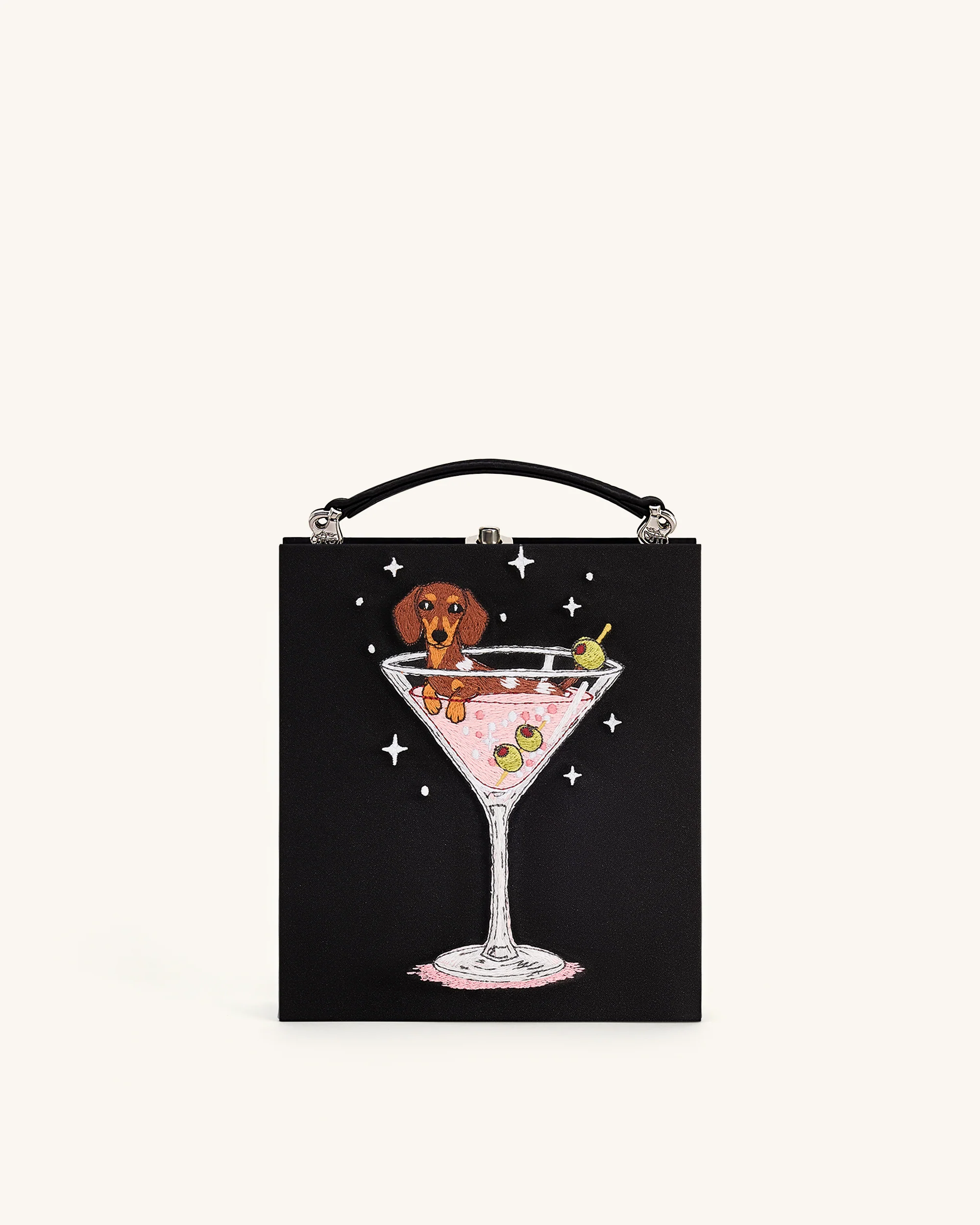 Taya Clutch-Tasche in Buchform mit Weinglas-Welpenmuster - Schwarz