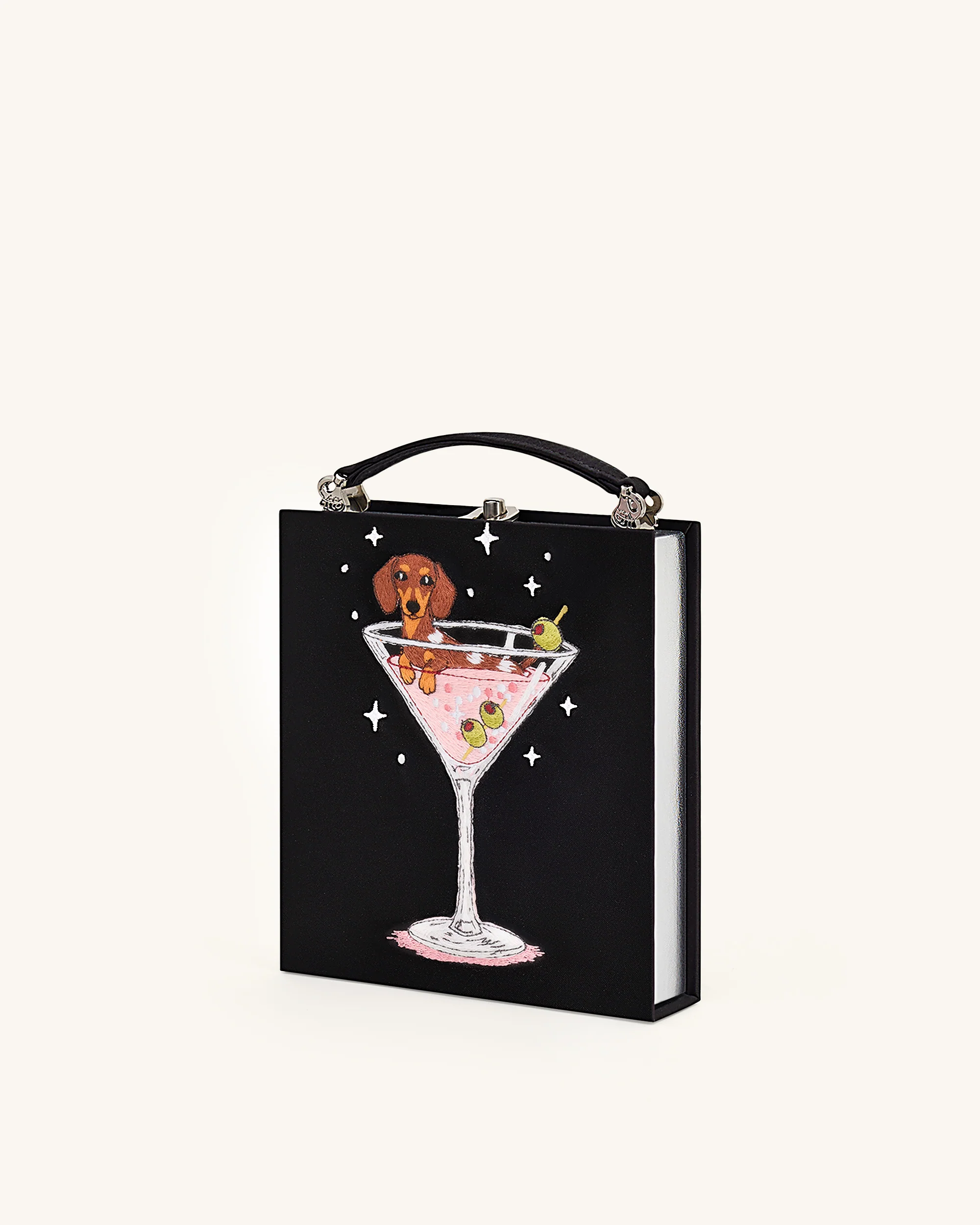 Taya Clutch-Tasche in Buchform mit Weinglas-Welpenmuster - Schwarz - Image 2