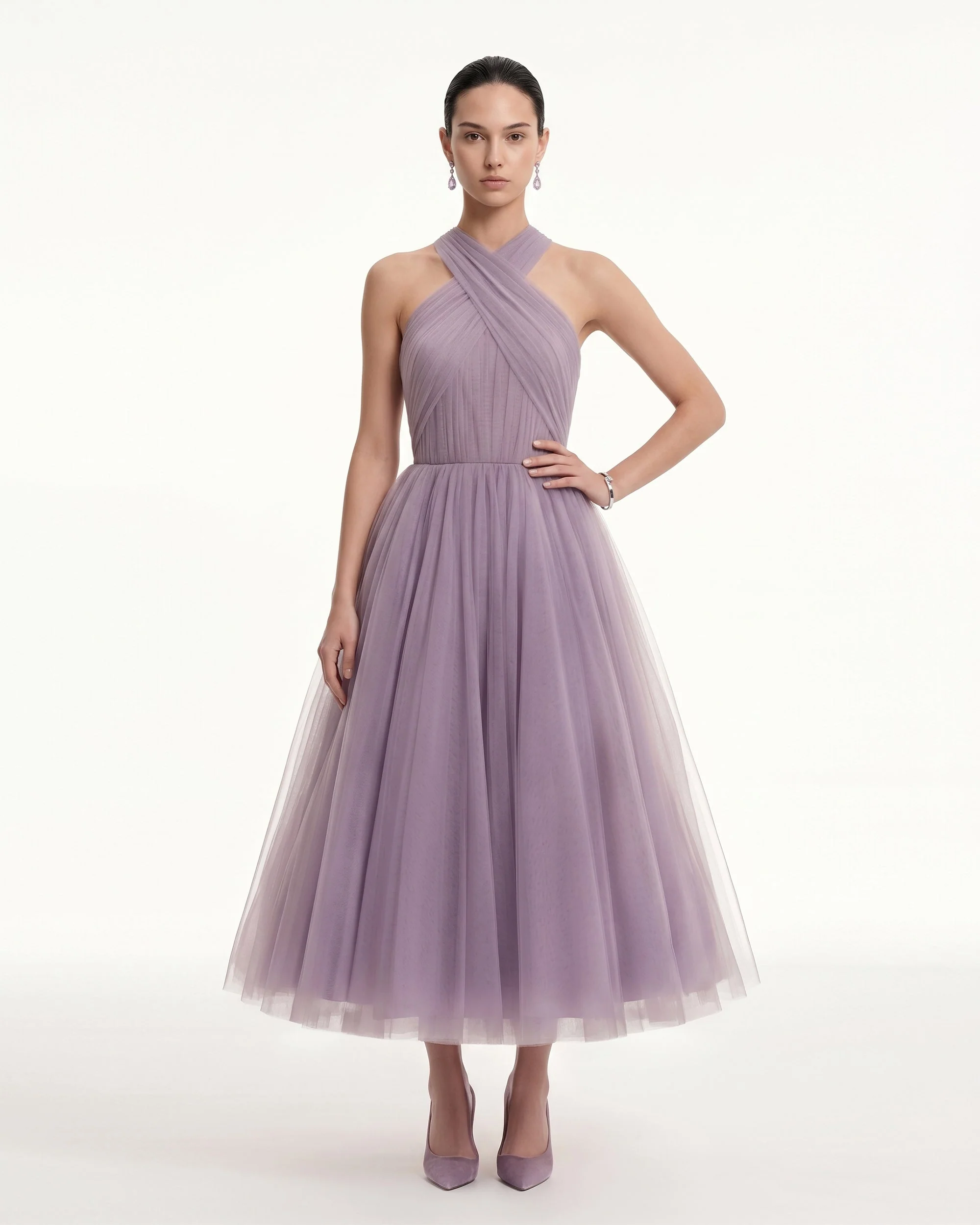 A-Linien-Midikleid aus Tüll mit überkreuztem Neckholder - Dusty Mauve