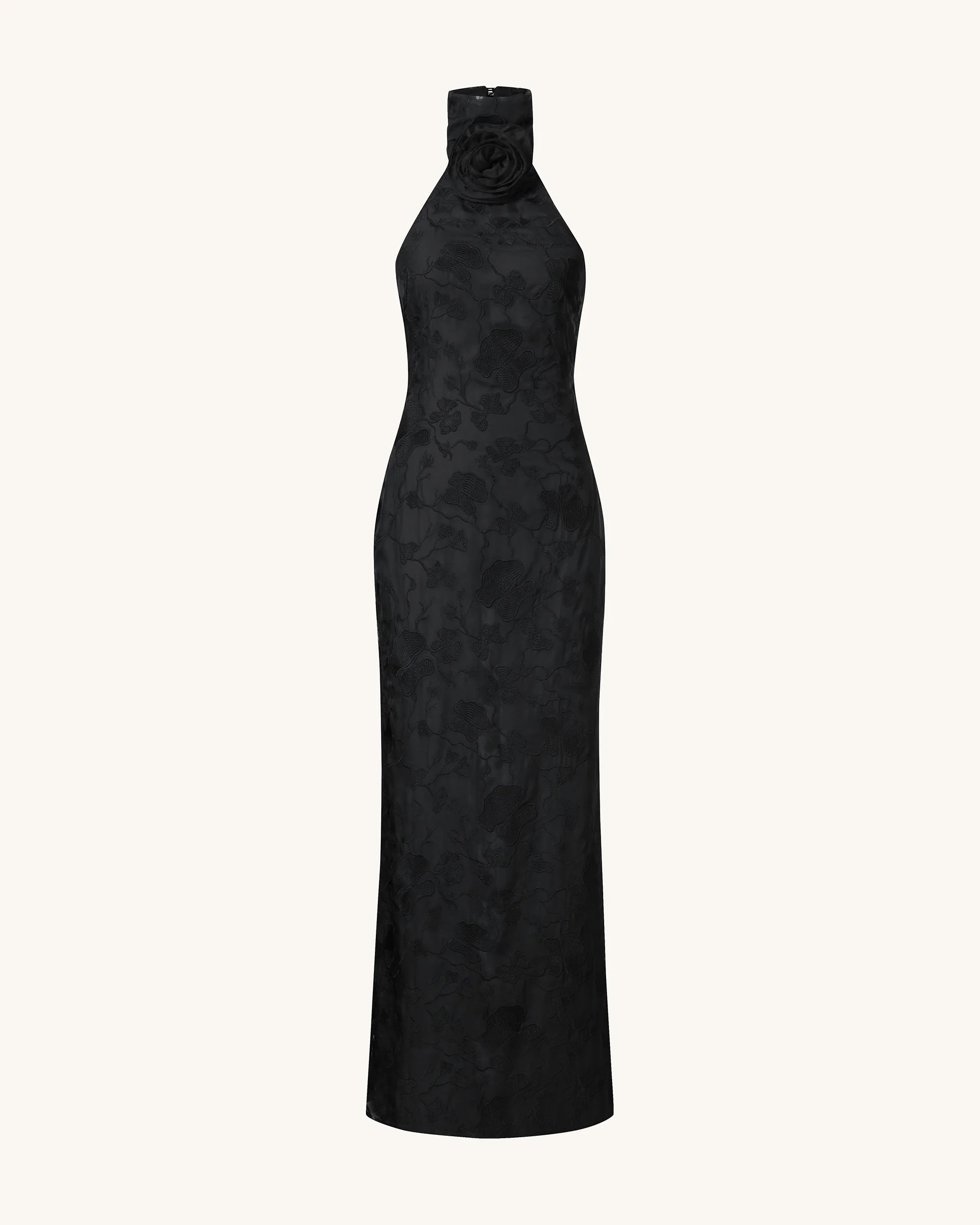 Uliana Schwarzes Maxikleid mit Blumen-Spitzen und Halterneck - Schwarz - Image 2