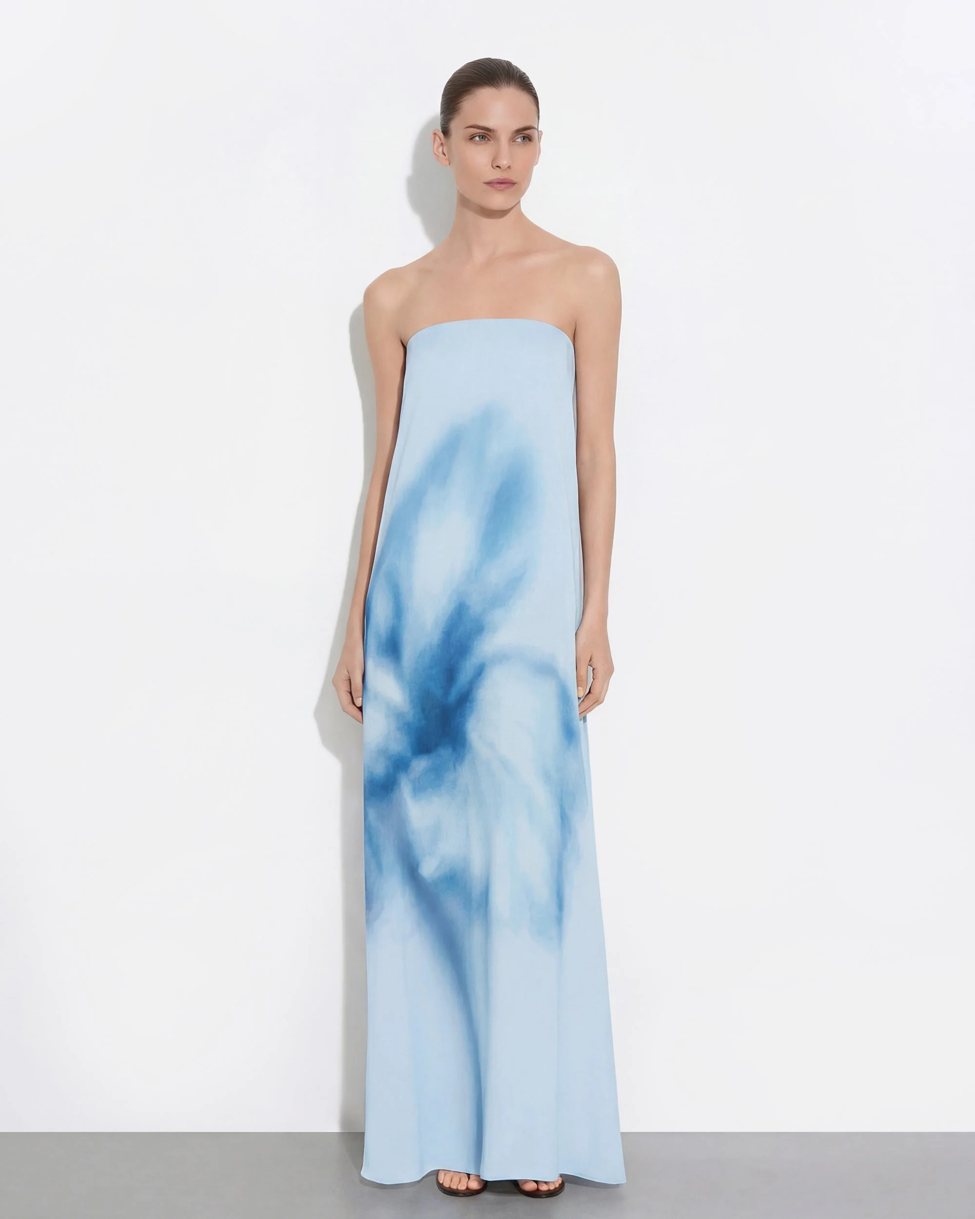 Aquarell-Blumenprint trägerloses Maxikleid - Blau